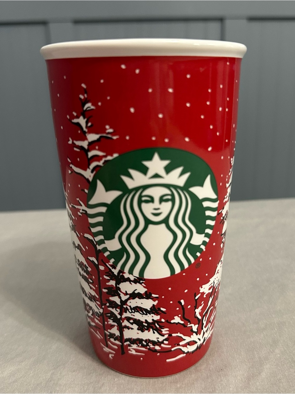 Starbucks 2016 Holiday Red Ceramic Travel Tumbler Snowy Evergreen Trees 12 oz
